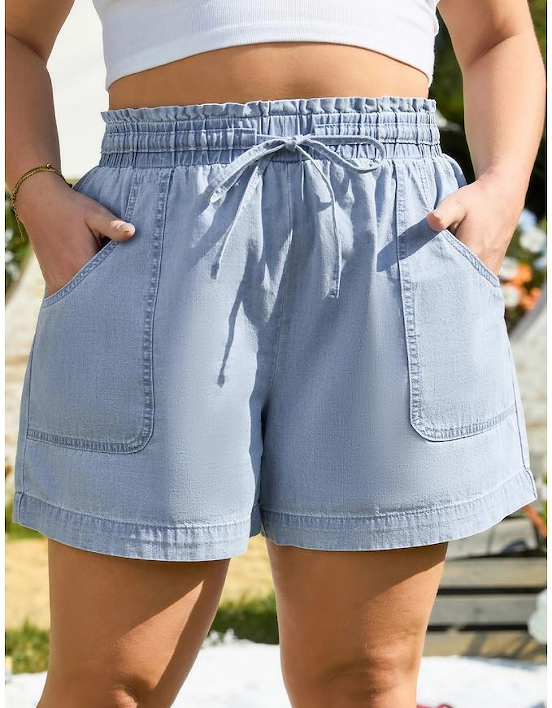 Beau Blue Pocketed Drawstring High Waist Plus Size Denim Shorts