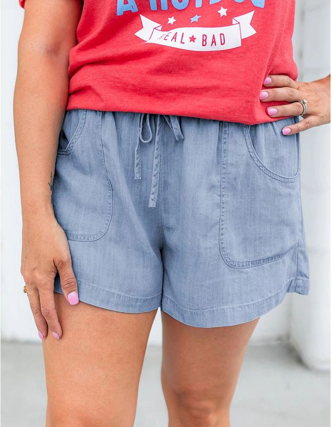 Beau Blue Pocketed Drawstring High Waist Plus Size Denim Shorts