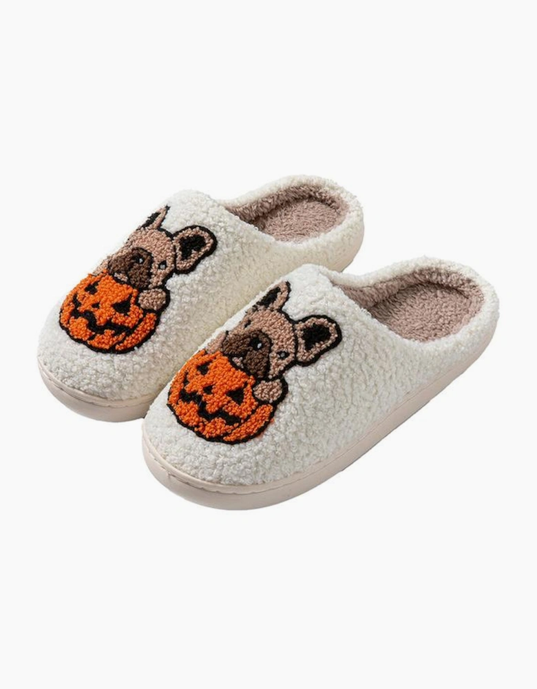 White Halloween Dog Pumpkin Pattern Fuzzy Slippers