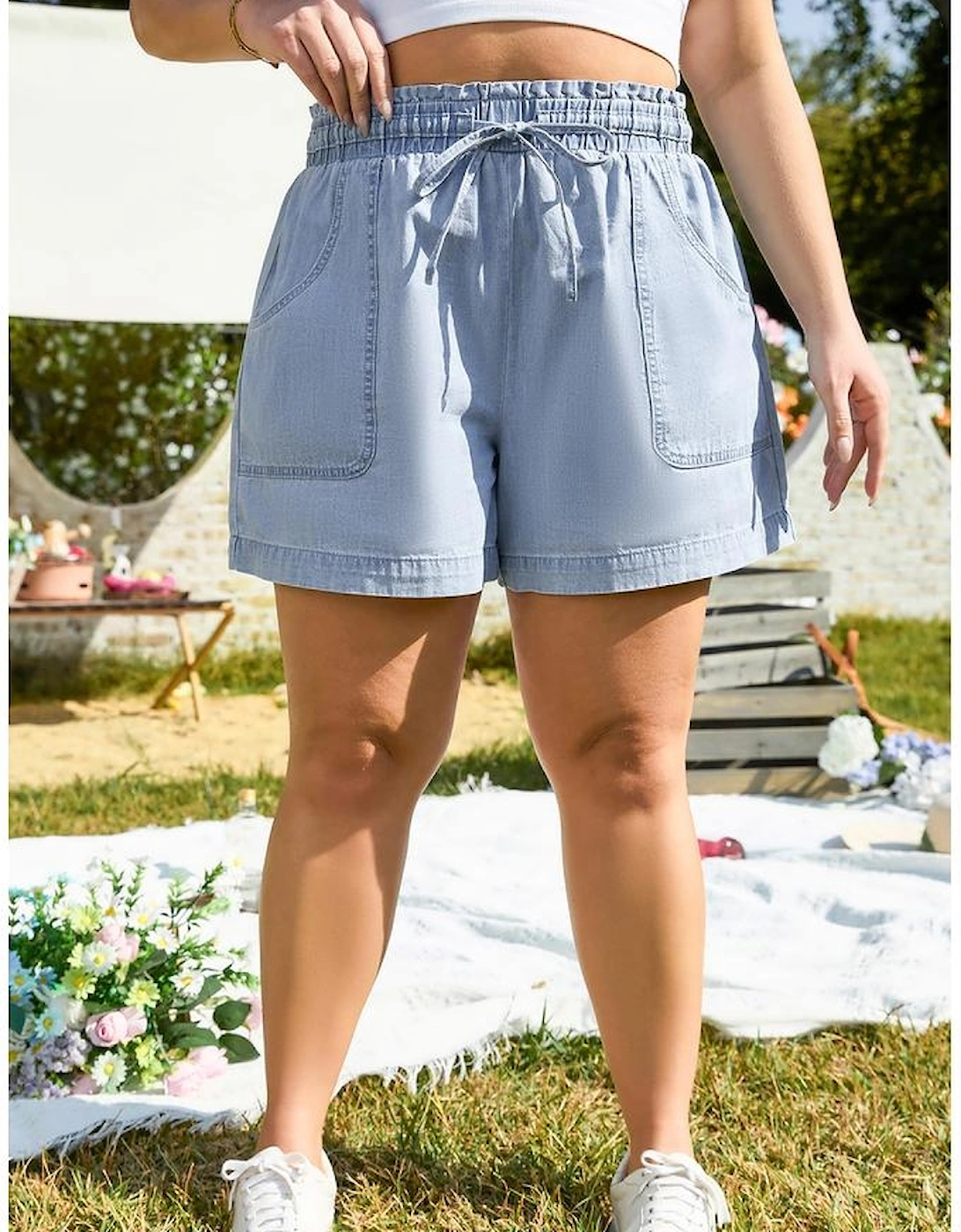 Beau Blue Pocketed Drawstring High Waist Plus Size Denim Shorts
