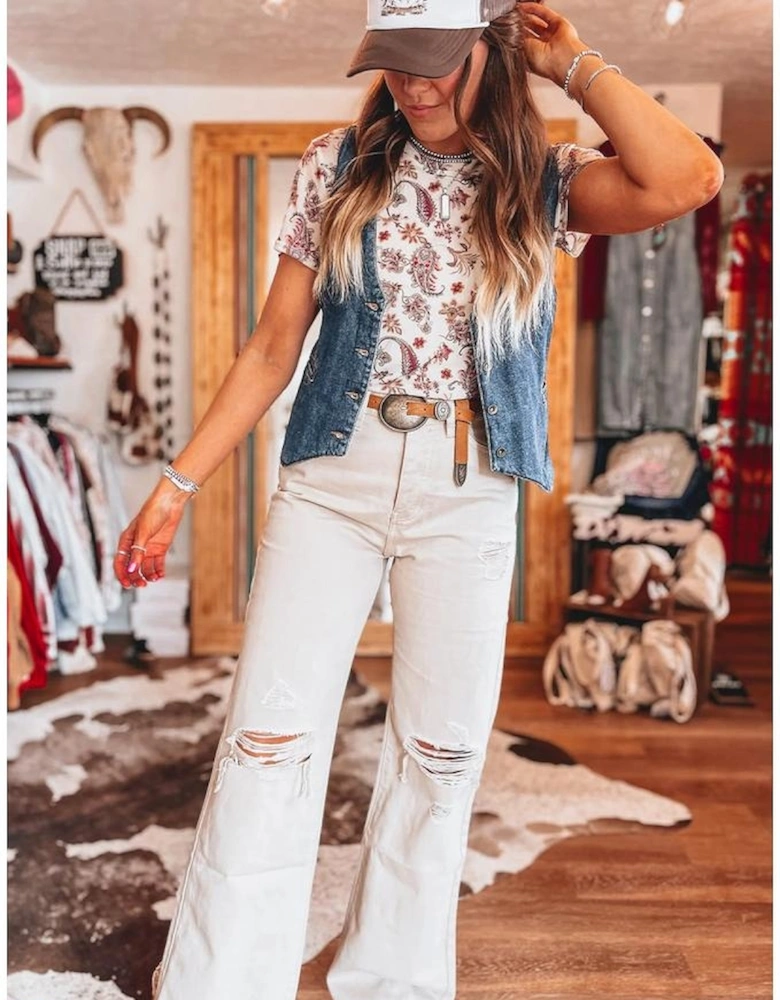 White Vintage Paisley Mock Neck T Shirt