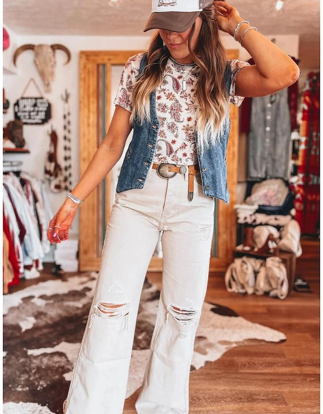 White Vintage Paisley Mock Neck T Shirt