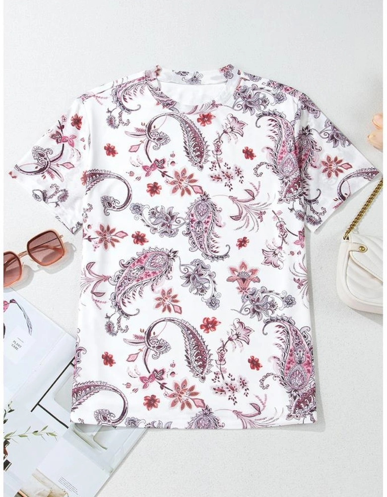 White Vintage Paisley Mock Neck T Shirt