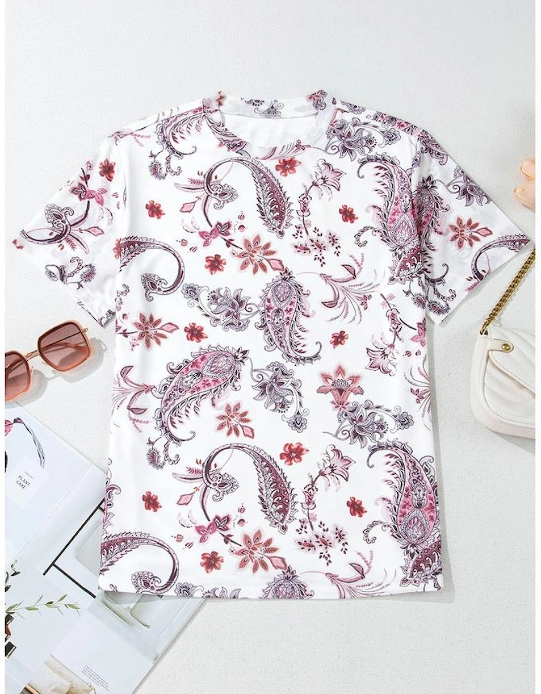 White Vintage Paisley Mock Neck T Shirt