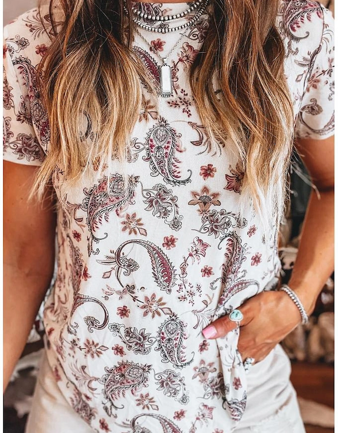 White Vintage Paisley Mock Neck T Shirt
