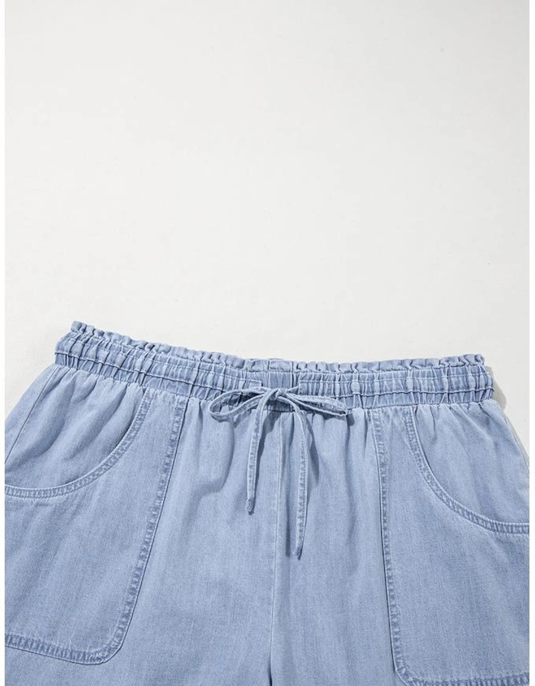 Beau Blue Pocketed Drawstring High Waist Plus Size Denim Shorts