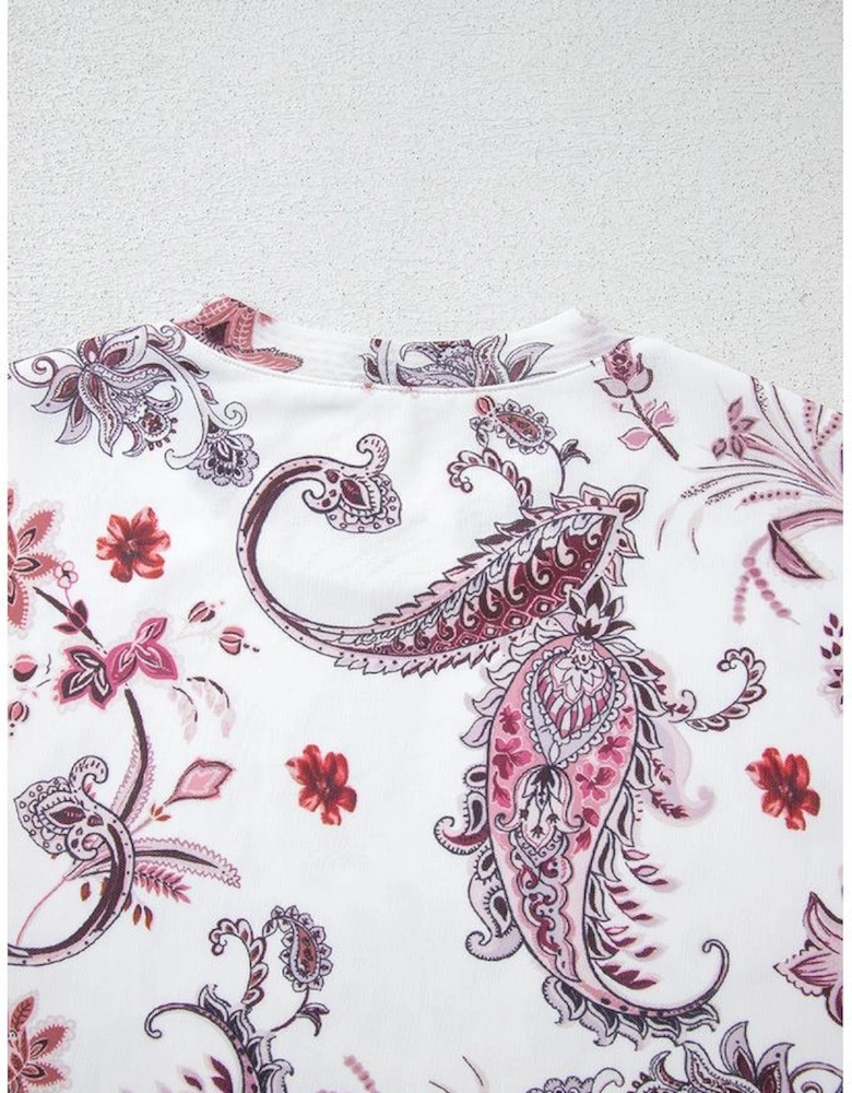 White Vintage Paisley Mock Neck T Shirt