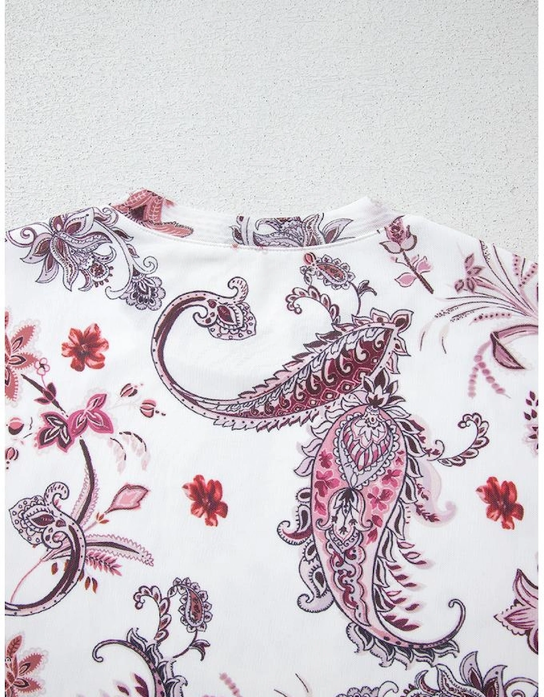 White Vintage Paisley Mock Neck T Shirt