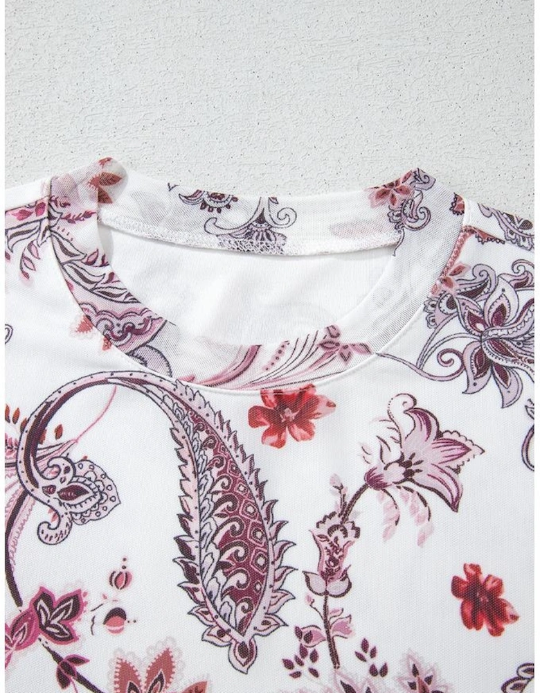 White Vintage Paisley Mock Neck T Shirt