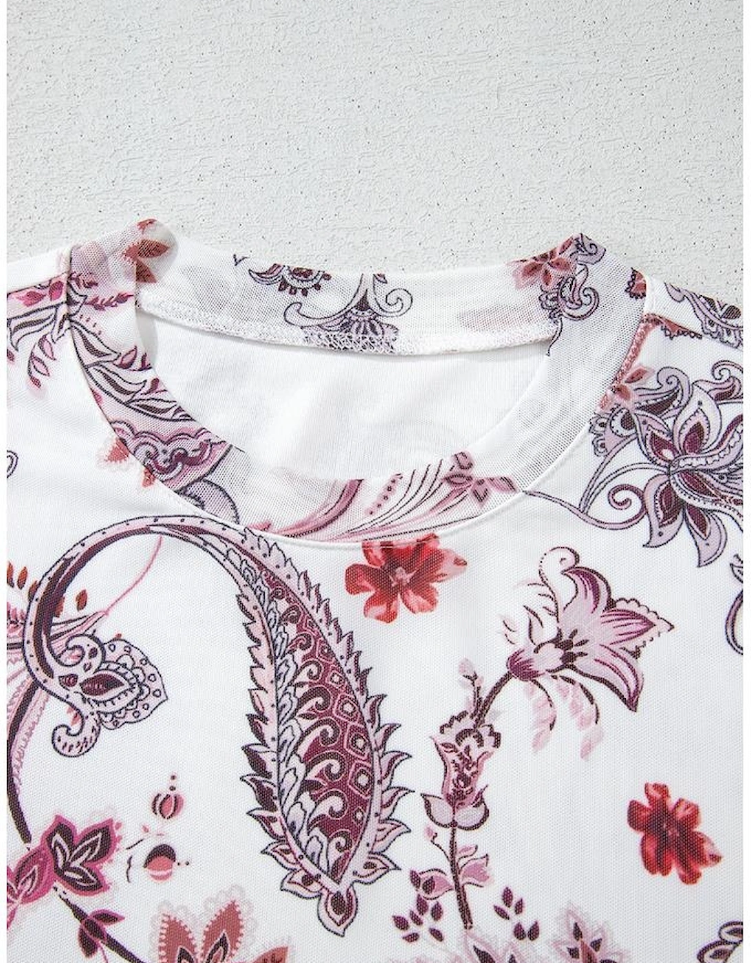White Vintage Paisley Mock Neck T Shirt