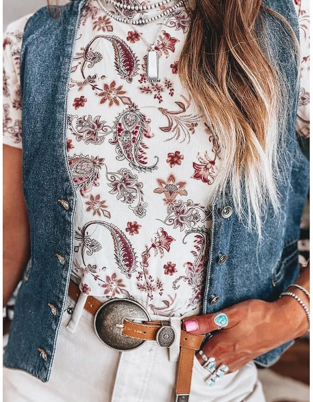 White Vintage Paisley Mock Neck T Shirt