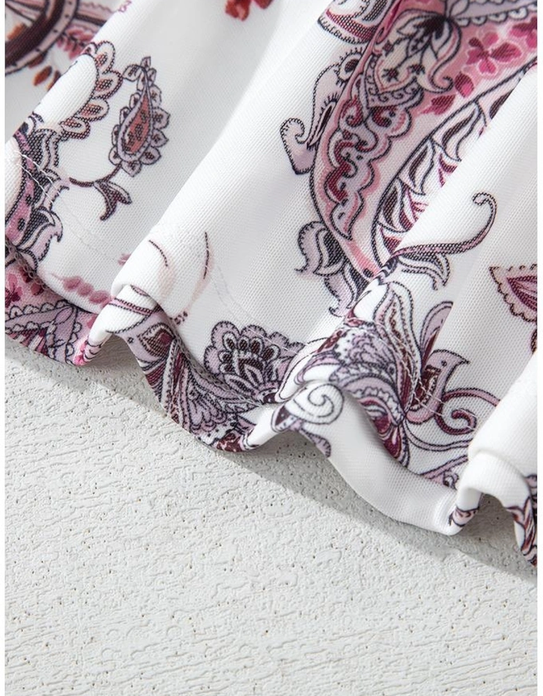 White Vintage Paisley Mock Neck T Shirt