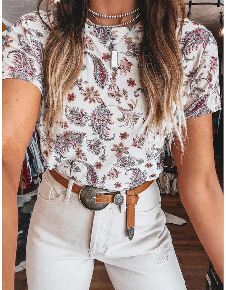 White Vintage Paisley Mock Neck T Shirt