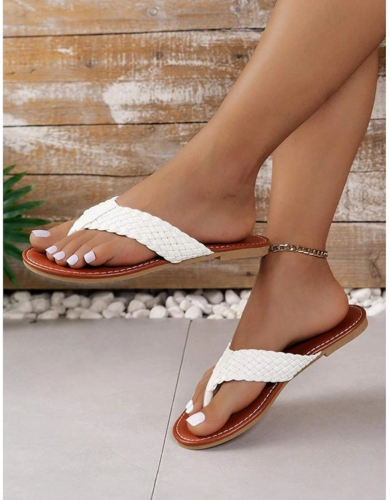 White Braided Strap PU Leather Flip Flop