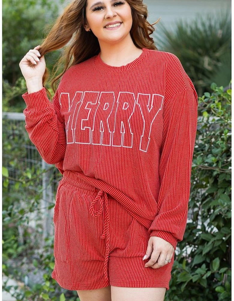 Racing Red MERRY Ribbed Knit Long Sleeve Lace-up Waist Plus Size Set