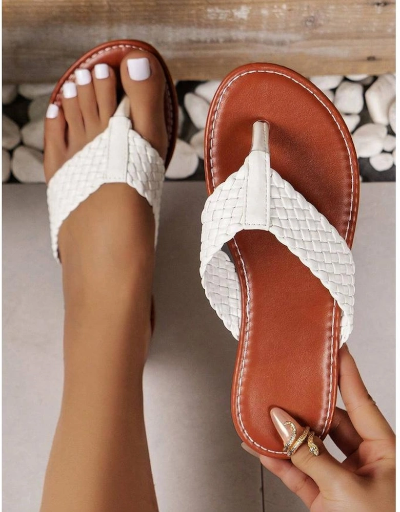 White Braided Strap PU Leather Flip Flop