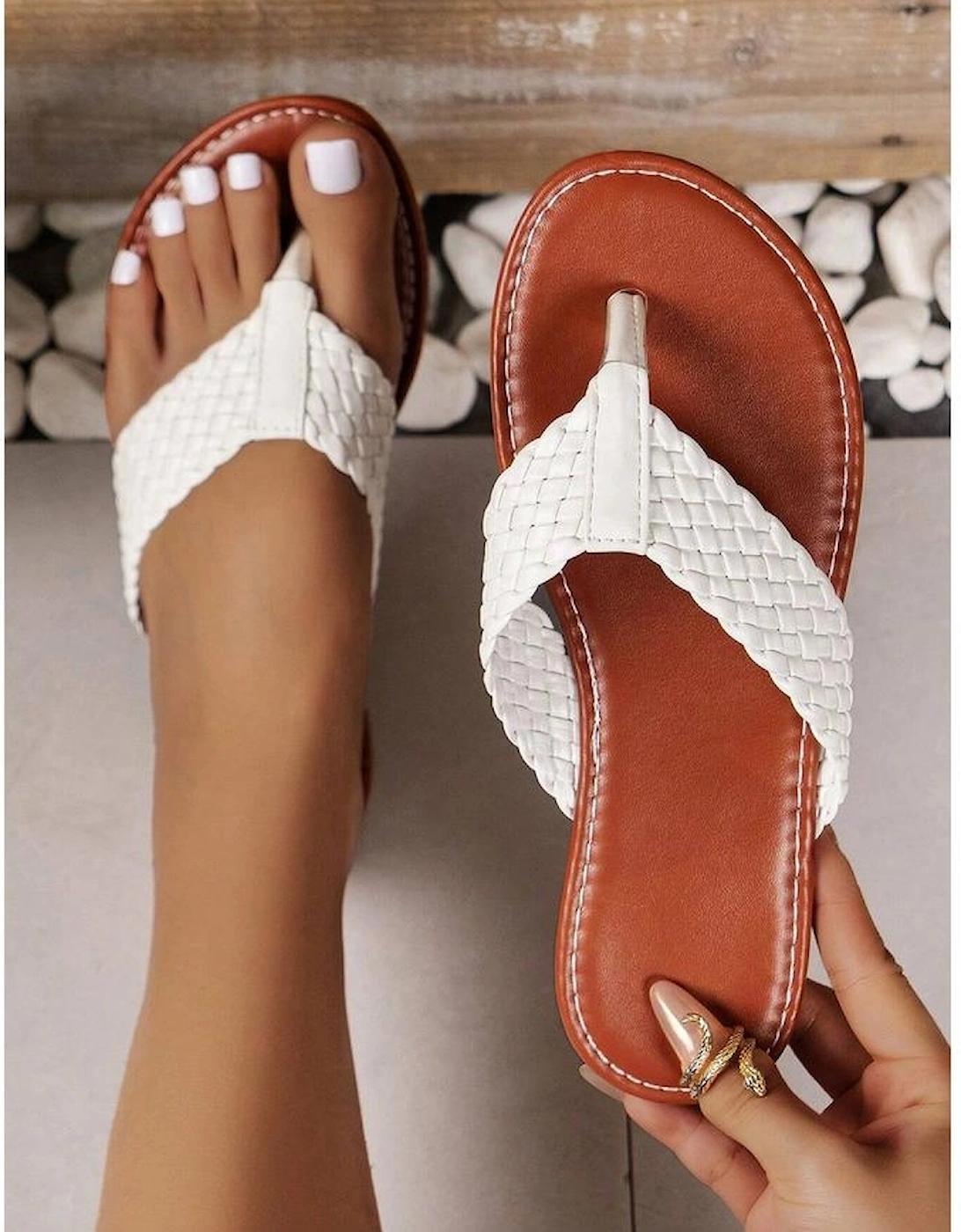 White Braided Strap PU Leather Flip Flop