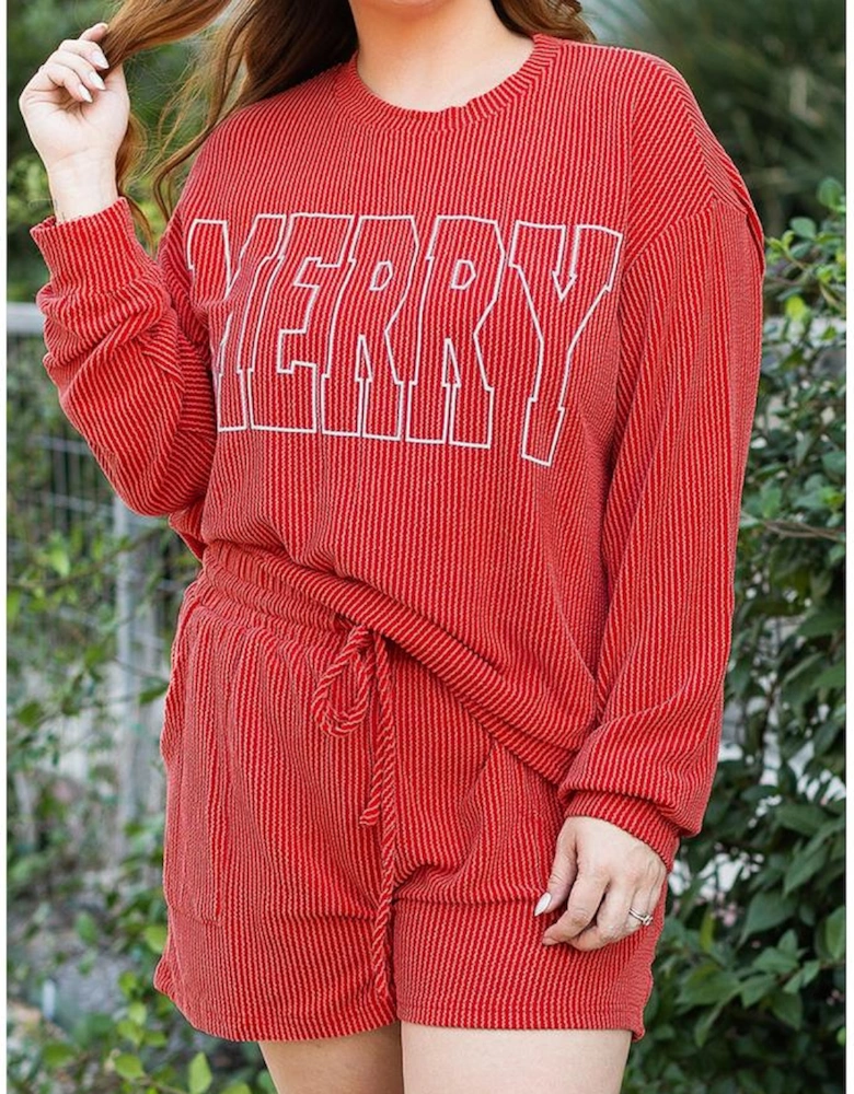 Racing Red MERRY Ribbed Knit Long Sleeve Lace-up Waist Plus Size Set