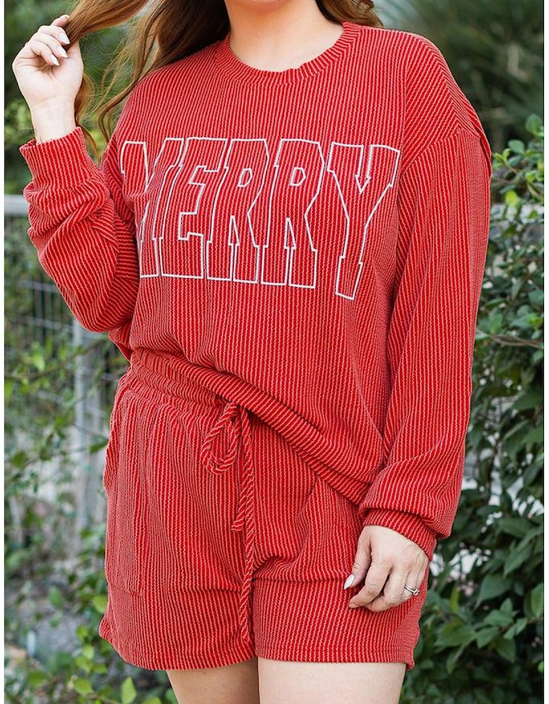 Racing Red MERRY Ribbed Knit Long Sleeve Lace-up Waist Plus Size Set, 16 of 15