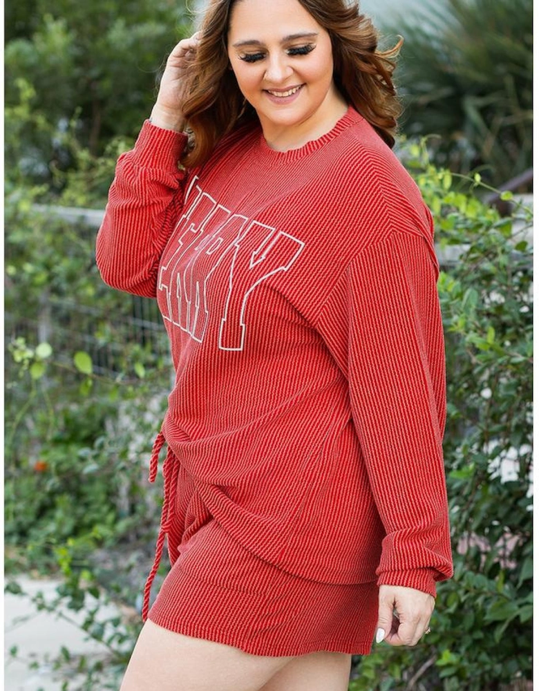 Racing Red MERRY Ribbed Knit Long Sleeve Lace-up Waist Plus Size Set