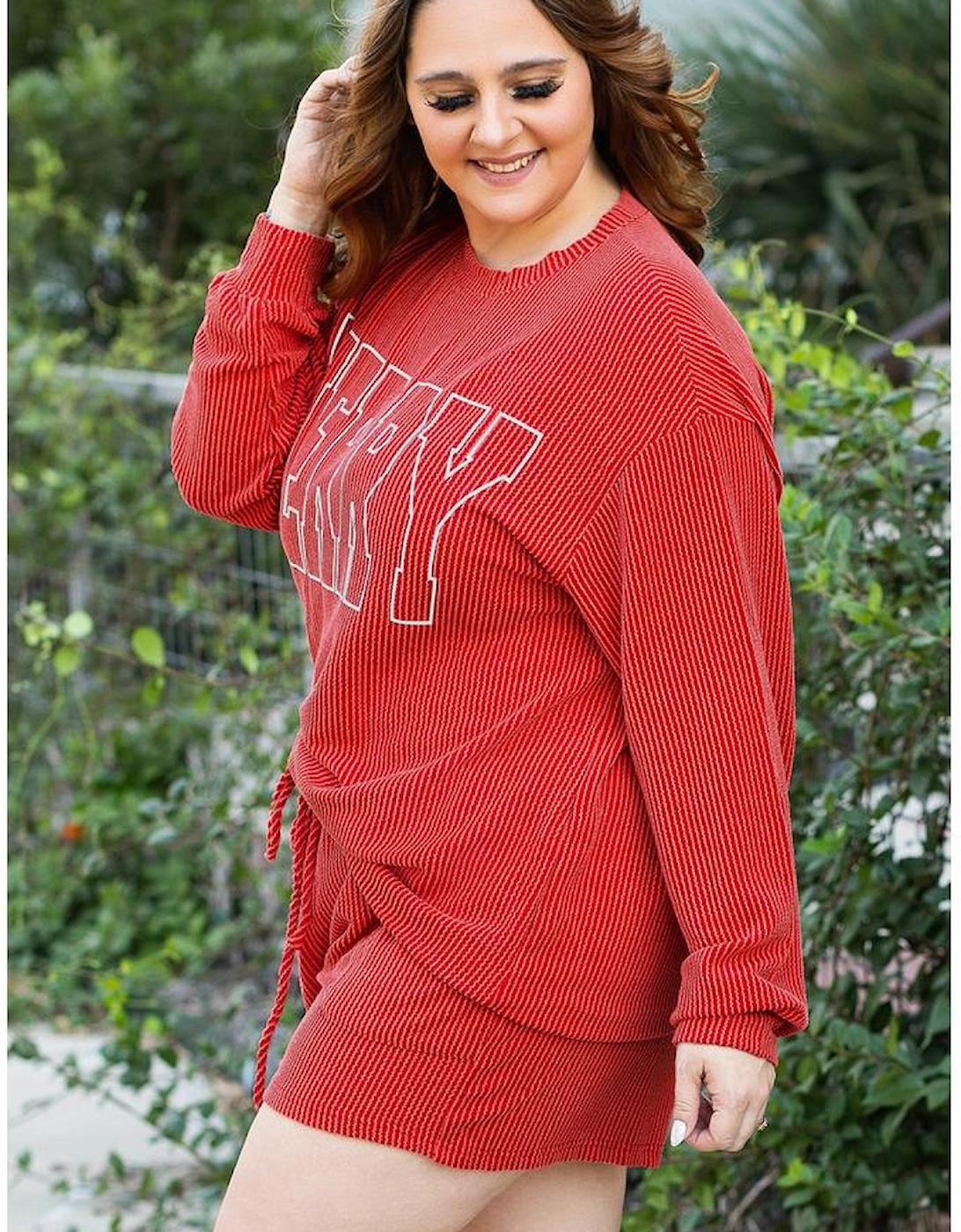 Racing Red MERRY Ribbed Knit Long Sleeve Lace-up Waist Plus Size Set