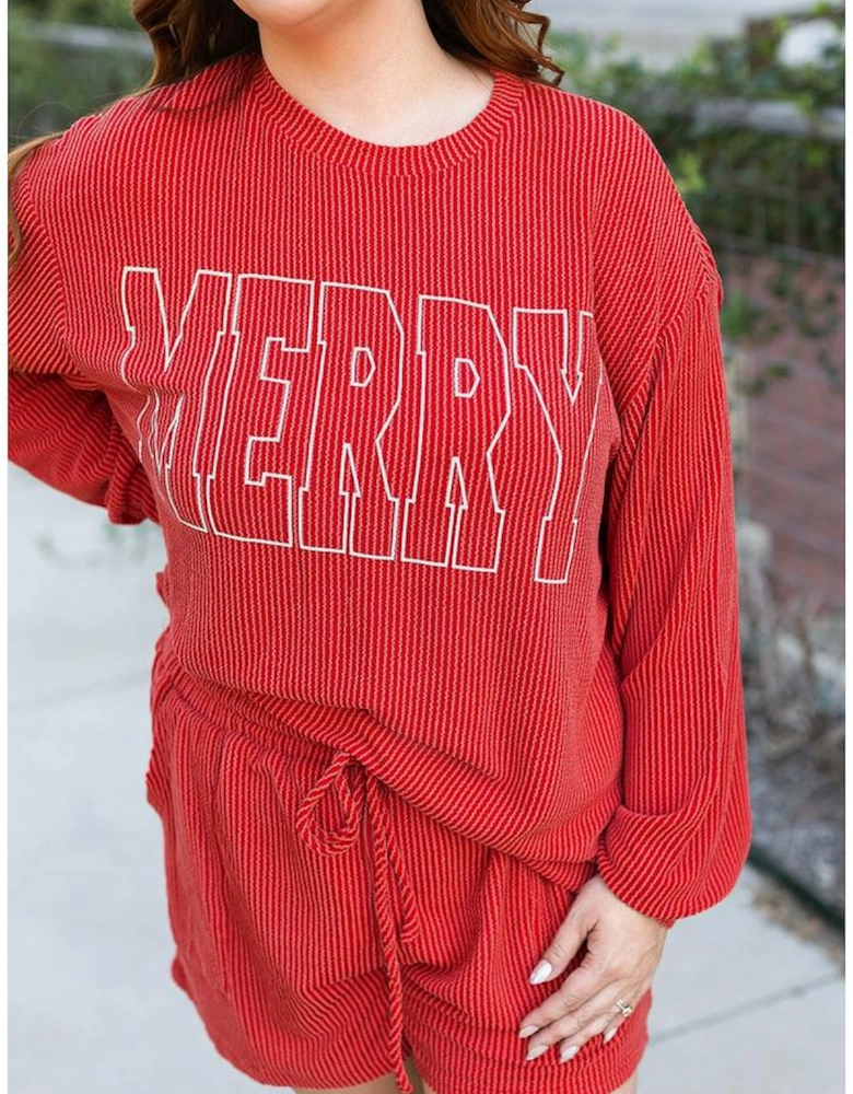 Racing Red MERRY Ribbed Knit Long Sleeve Lace-up Waist Plus Size Set