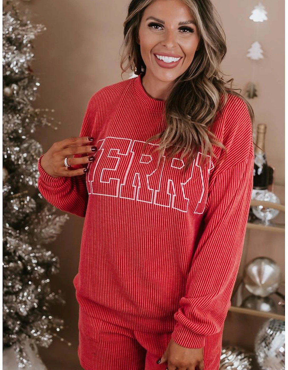 Racing Red MERRY Ribbed Knit Long Sleeve Lace-up Waist Plus Size Set