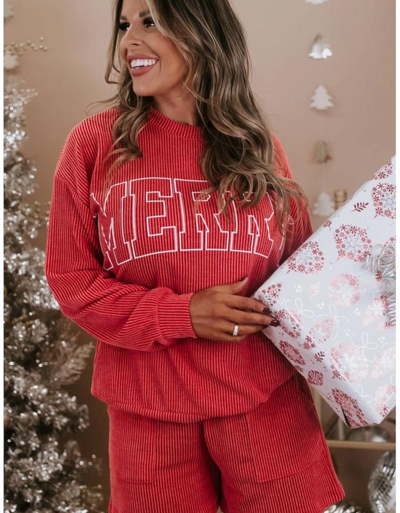 Racing Red MERRY Ribbed Knit Long Sleeve Lace-up Waist Plus Size Set