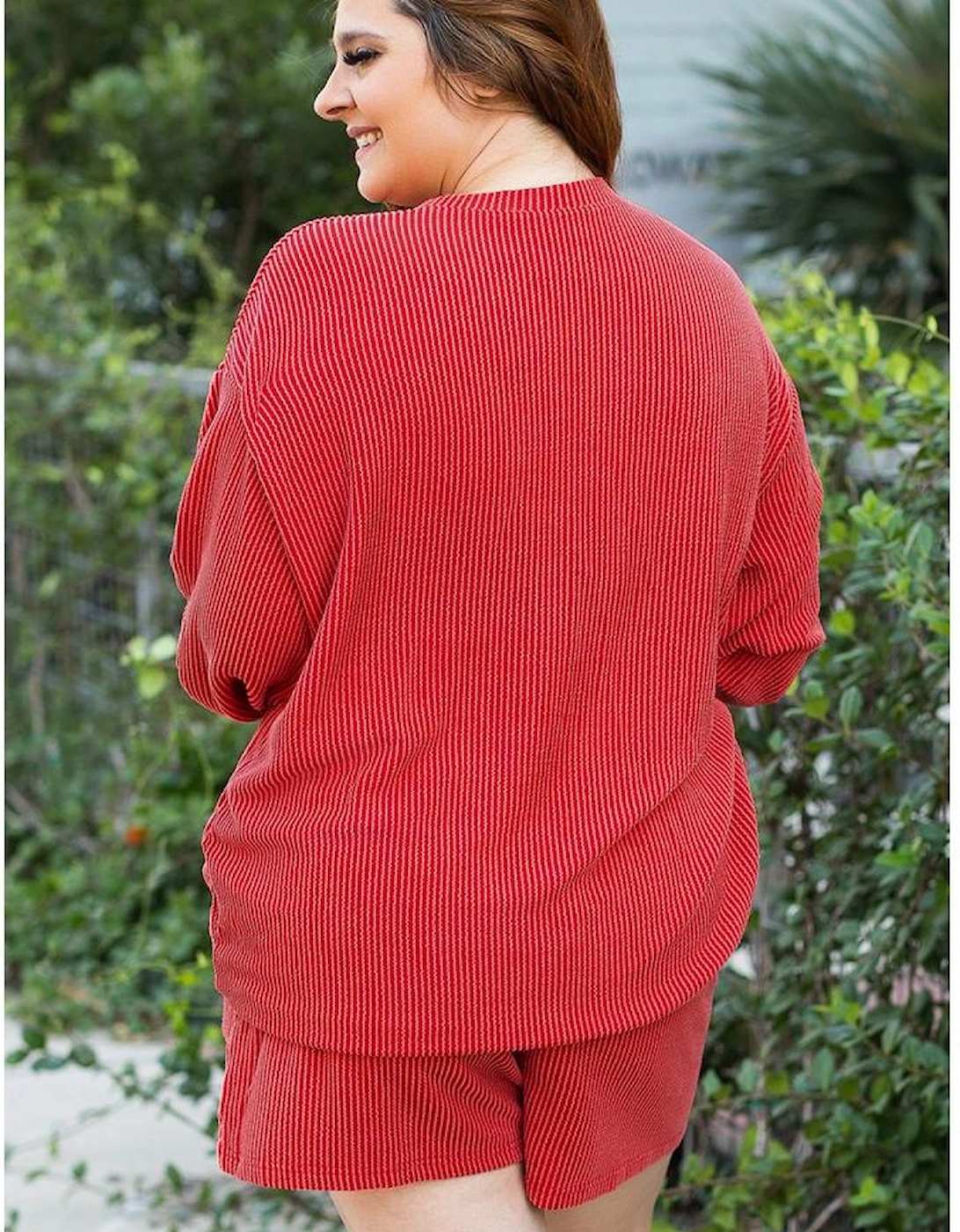 Racing Red MERRY Ribbed Knit Long Sleeve Lace-up Waist Plus Size Set