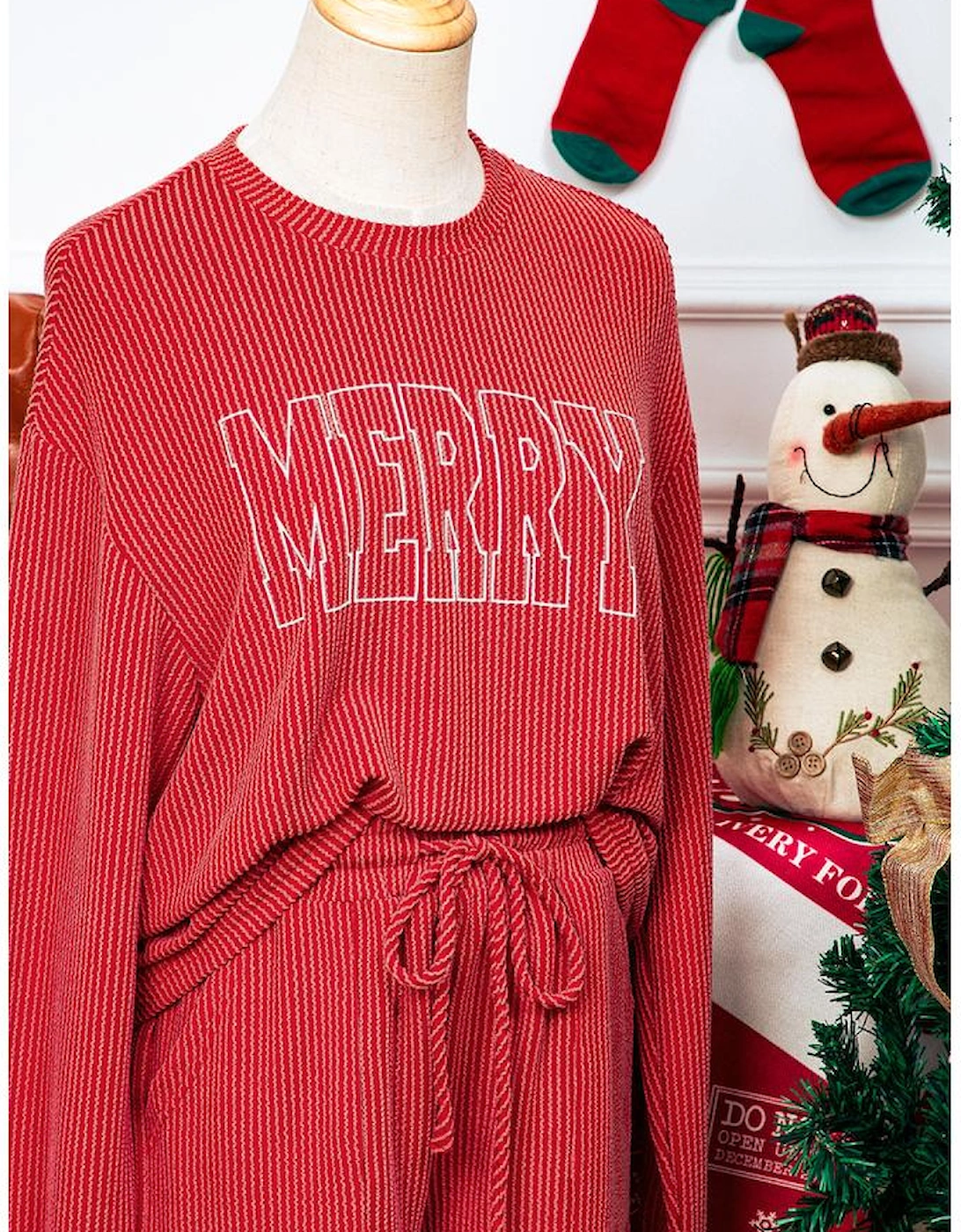 Racing Red MERRY Ribbed Knit Long Sleeve Lace-up Waist Plus Size Set