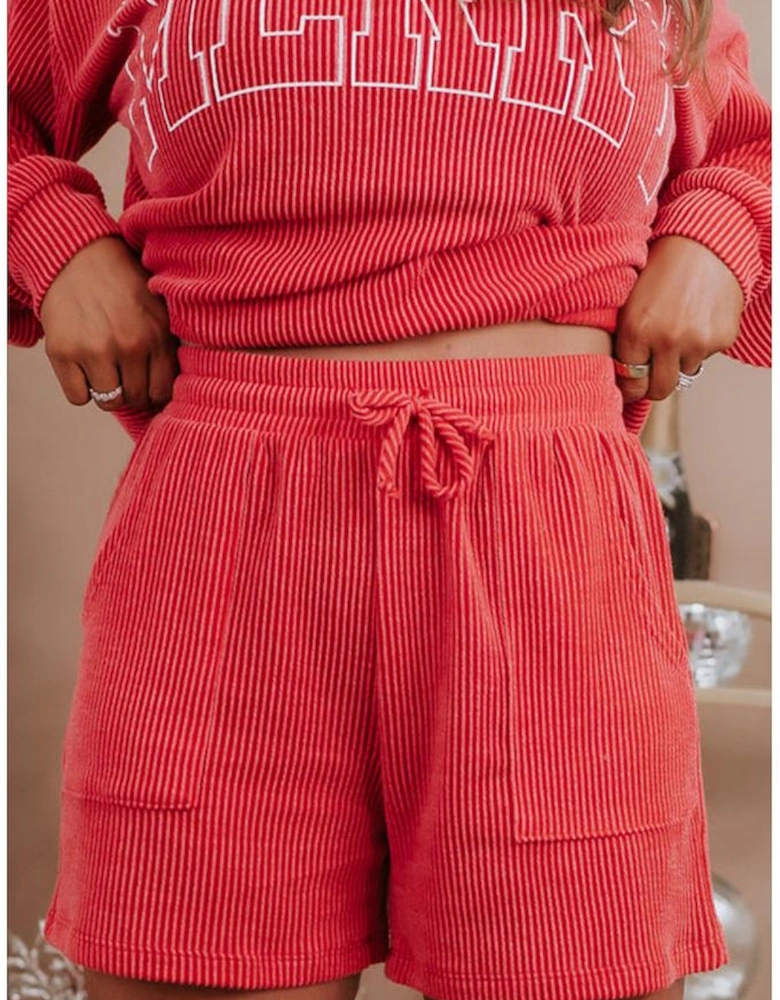 Racing Red MERRY Ribbed Knit Long Sleeve Lace-up Waist Plus Size Set