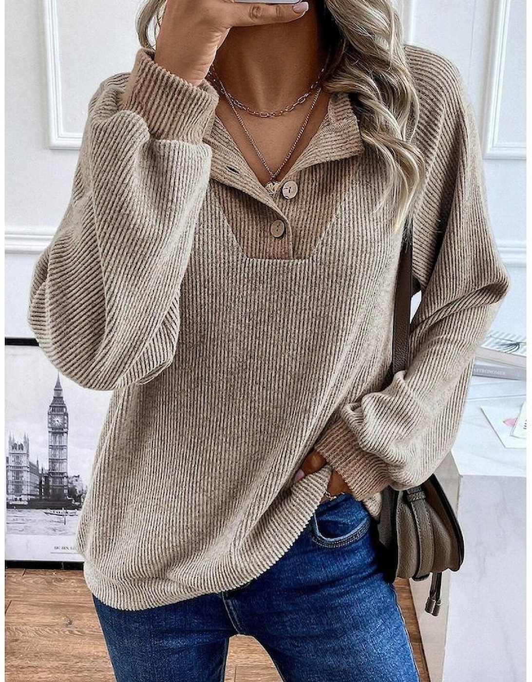 Jet Stream Color Contrast Ribbed Loose Fit Long Sleeve Top