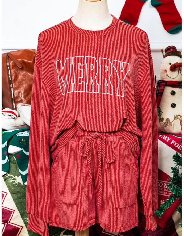 Racing Red MERRY Ribbed Knit Long Sleeve Lace-up Waist Plus Size Set