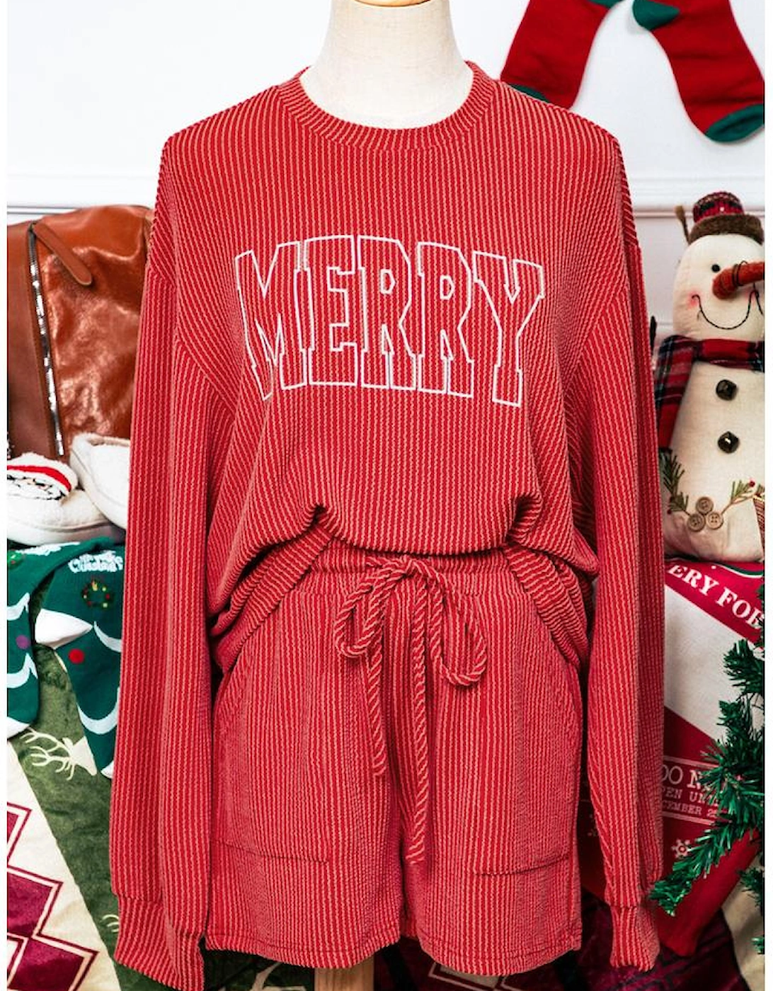 Racing Red MERRY Ribbed Knit Long Sleeve Lace-up Waist Plus Size Set