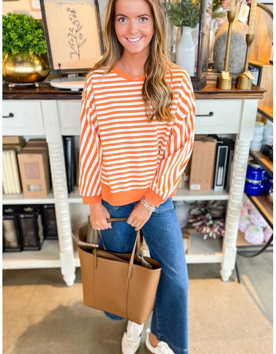 Orange Stripe Exposed Seam Drop Shoulder Casual Pullover Top