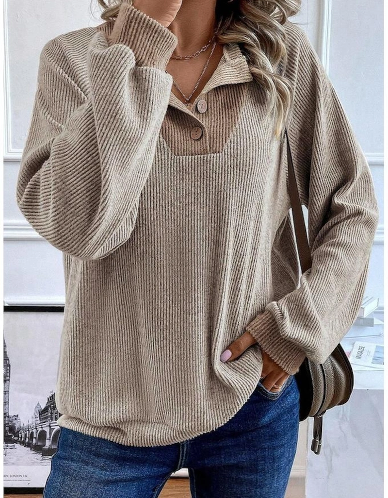 Jet Stream Color Contrast Ribbed Loose Fit Long Sleeve Top