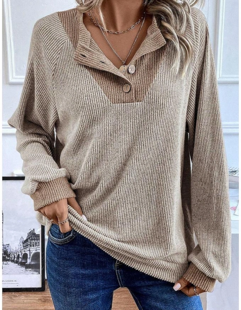 Jet Stream Color Contrast Ribbed Loose Fit Long Sleeve Top