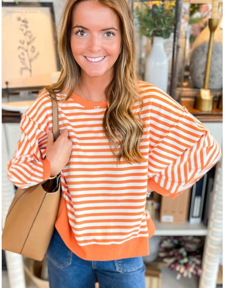 Orange Stripe Exposed Seam Drop Shoulder Casual Pullover Top