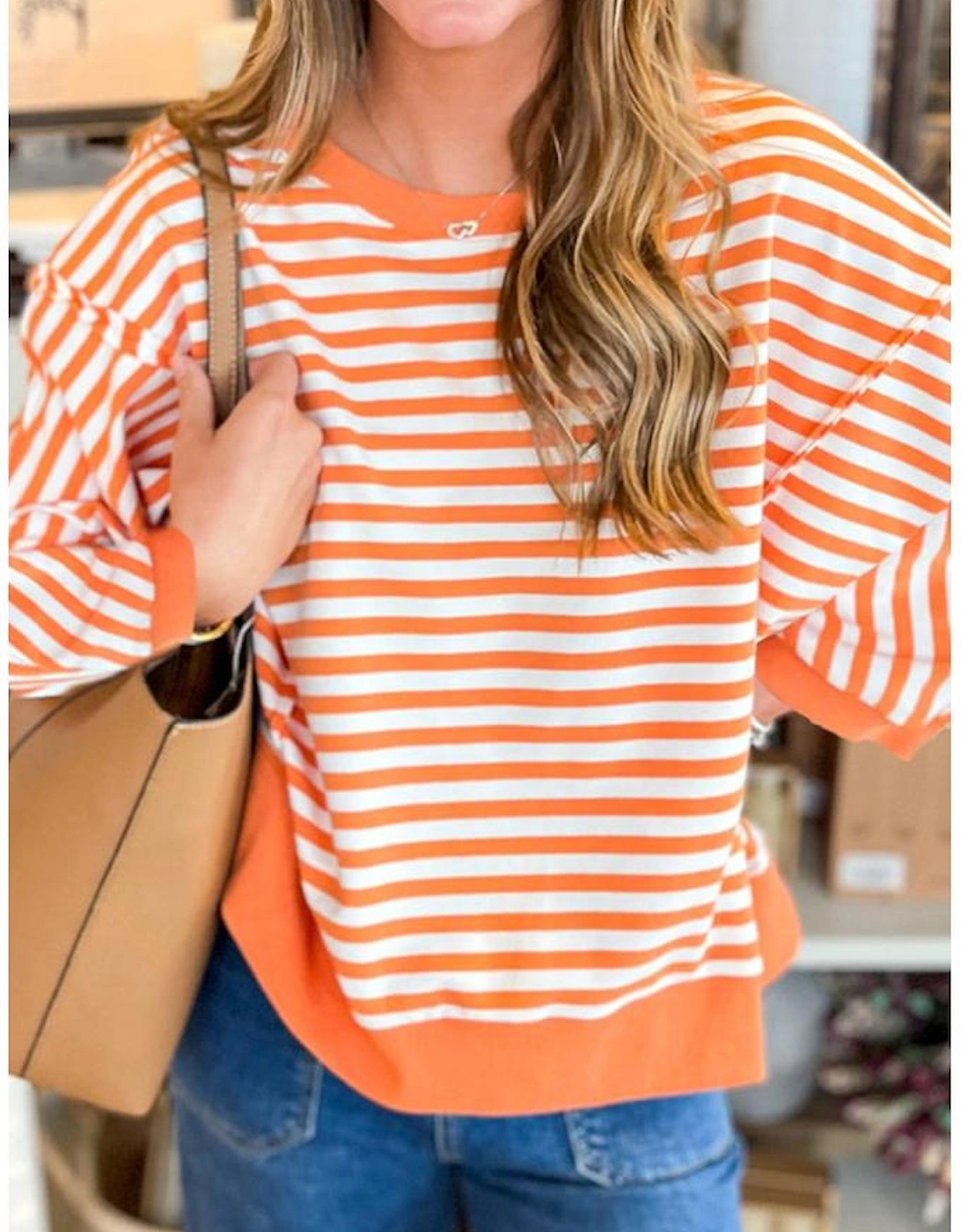 Orange Stripe Exposed Seam Drop Shoulder Casual Pullover Top