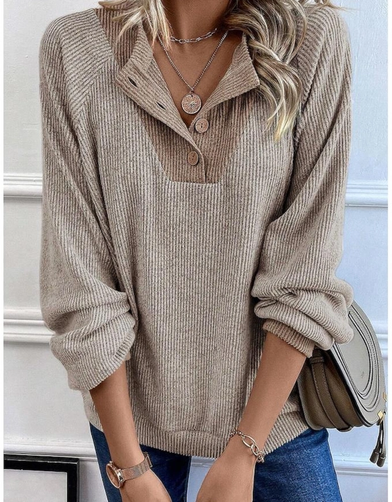 Jet Stream Color Contrast Ribbed Loose Fit Long Sleeve Top