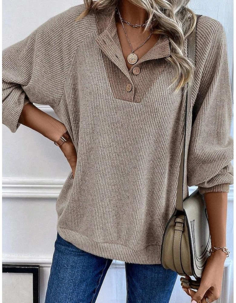 Jet Stream Color Contrast Ribbed Loose Fit Long Sleeve Top