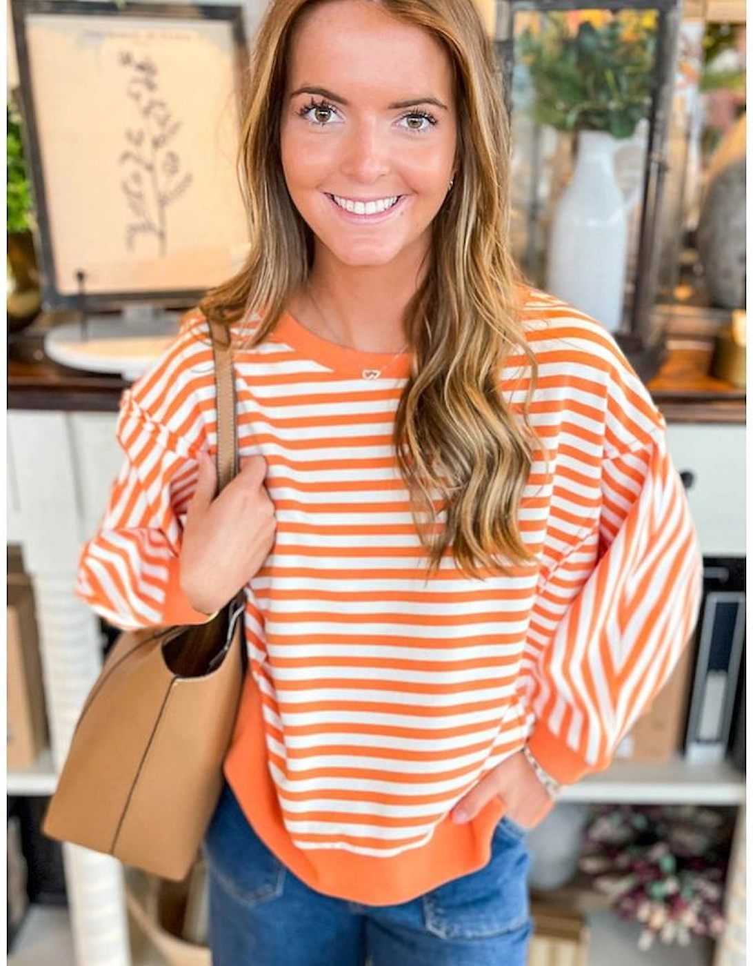 Orange Stripe Exposed Seam Drop Shoulder Casual Pullover Top