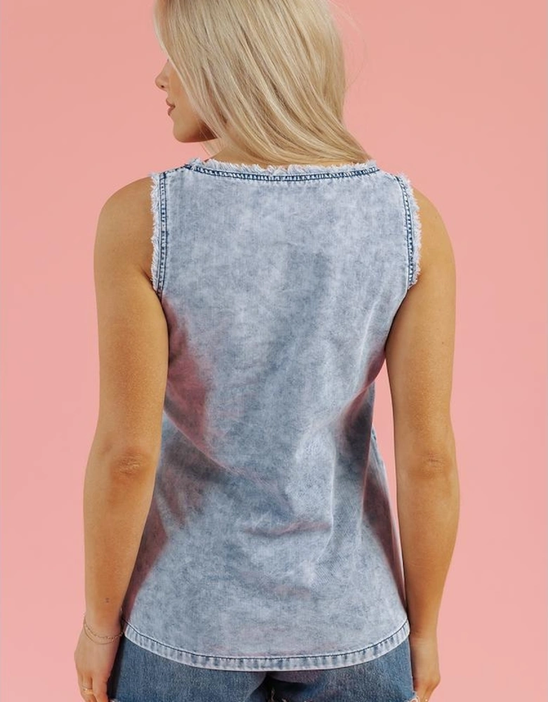 Beau Blue Mineral Wash Denim Frayed U Neck Sleeveless Top