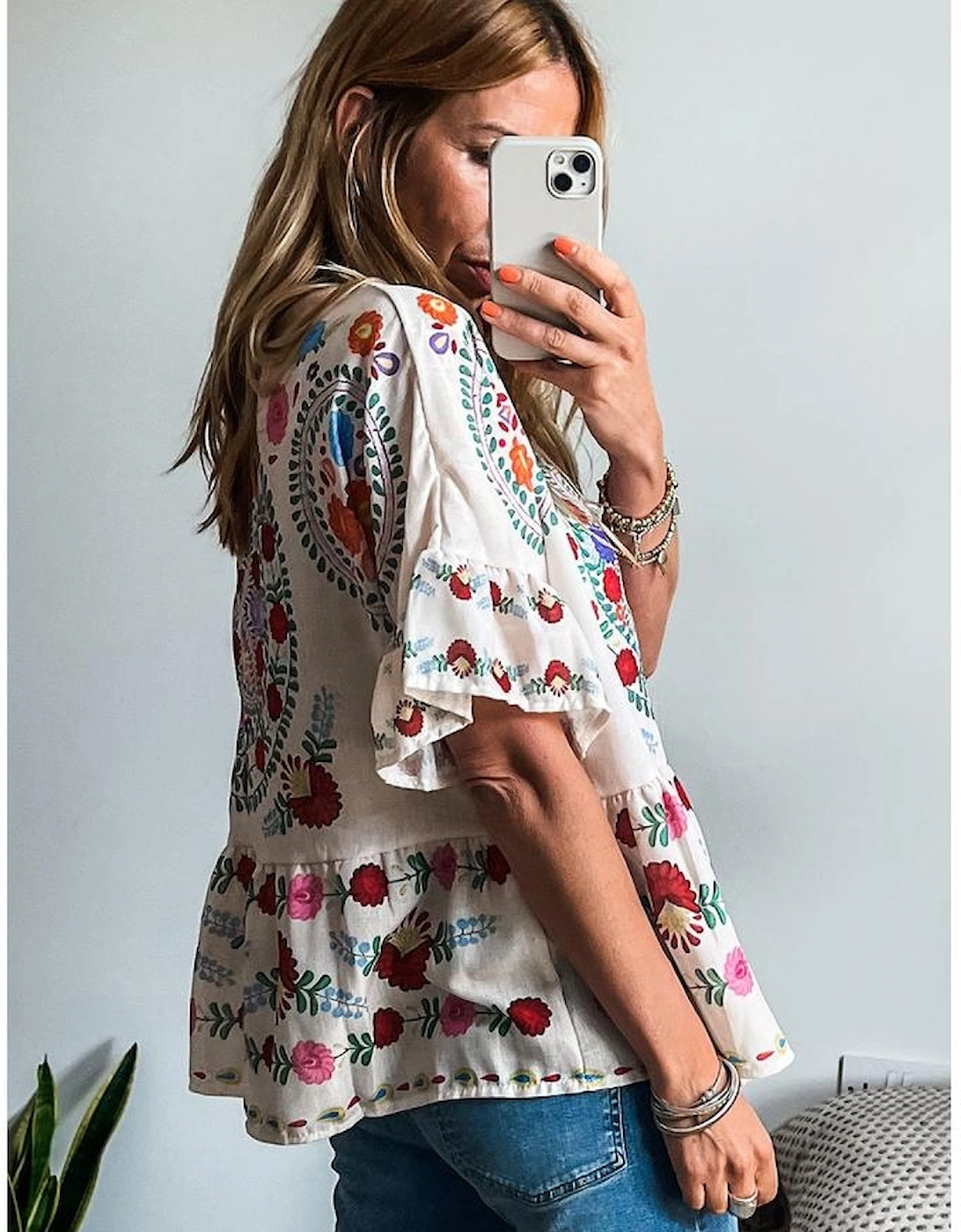 White Boho Floral Print Round Neck Ruffle Trim Blouse, 14 of 13