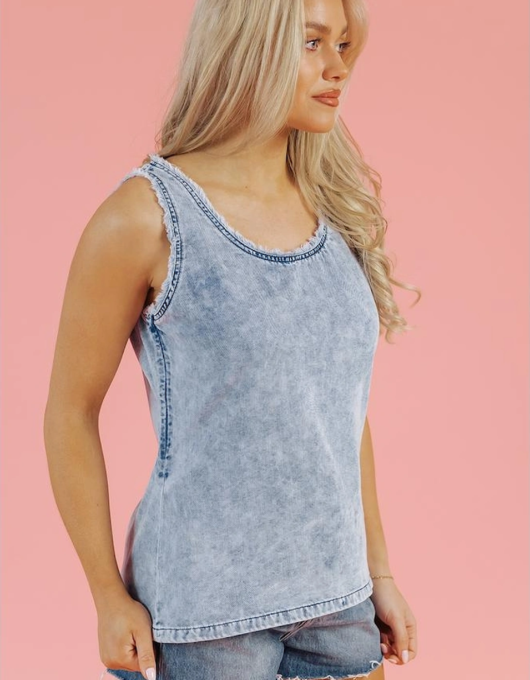 Beau Blue Mineral Wash Denim Frayed U Neck Sleeveless Top
