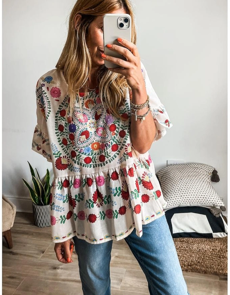 White Boho Floral Print Round Neck Ruffle Trim Blouse