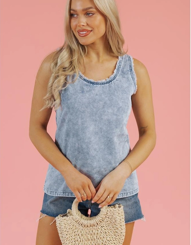 Beau Blue Mineral Wash Denim Frayed U Neck Sleeveless Top