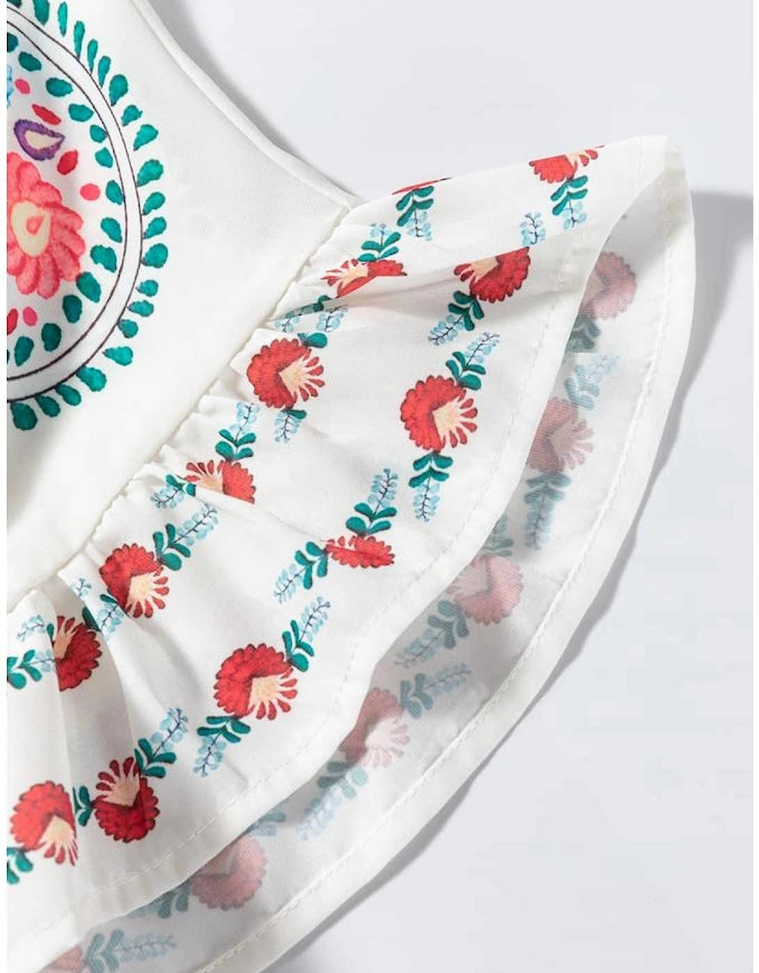 White Boho Floral Print Round Neck Ruffle Trim Blouse