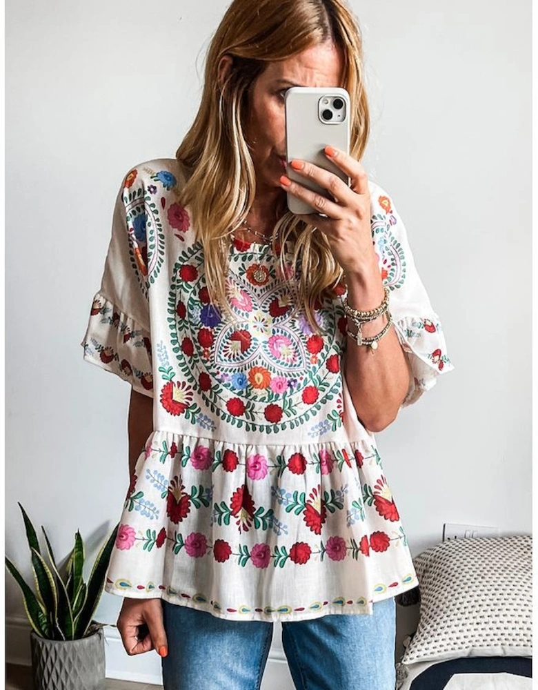 White Boho Floral Print Round Neck Ruffle Trim Blouse