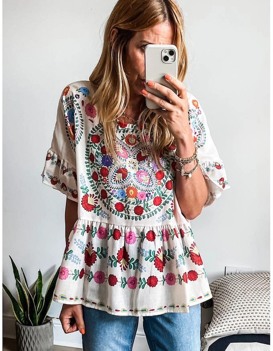White Boho Floral Print Round Neck Ruffle Trim Blouse